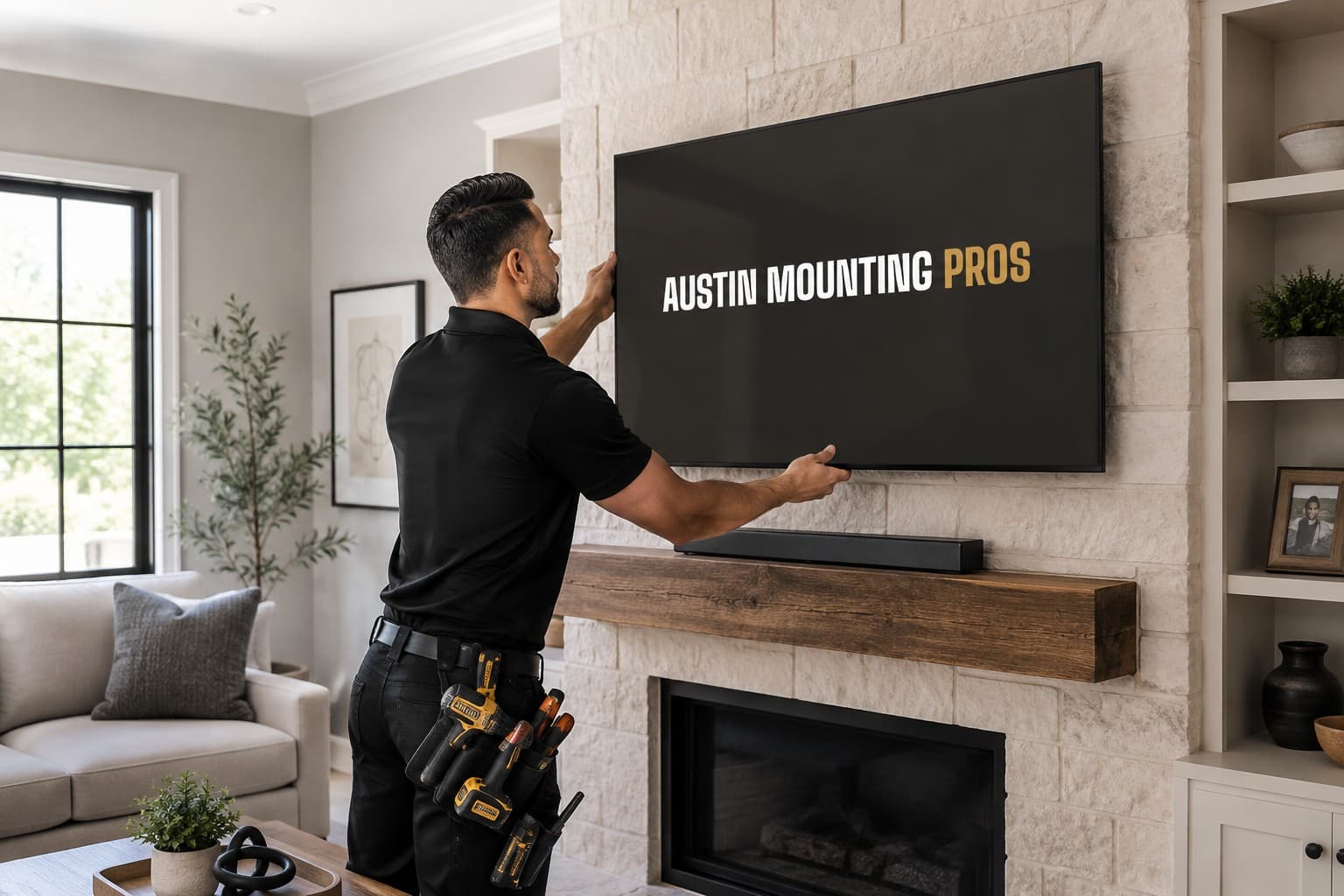 An Austin Mounting Pros technician mounting a flat-panel TV above a stone fireplace, tool belt loaded, brand shown on screen